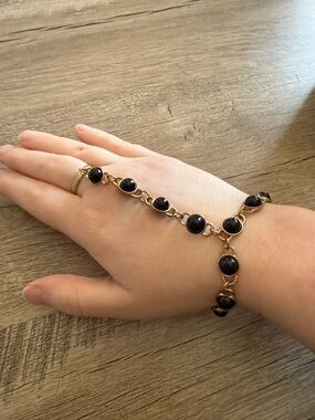 Gold-Tone Black Bead Hand Chain Bracelet - Elegant Women Jewelry